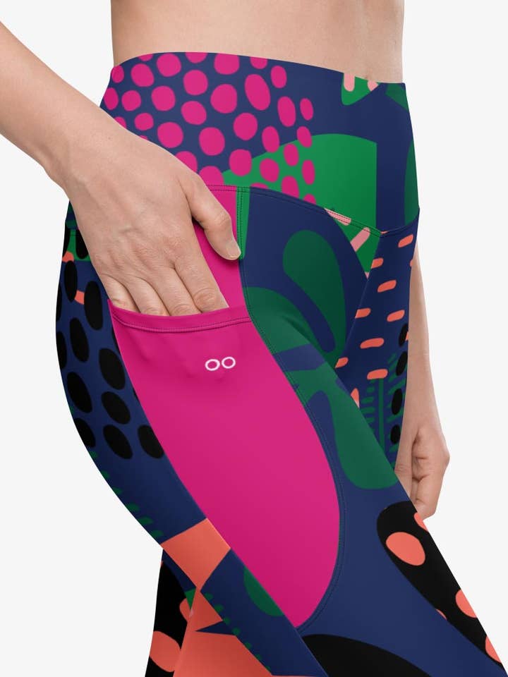 Recycled Floral Leggings "Floral Funk" (Blue, Green, Coral) with pockets for wholesale by Loony Legs