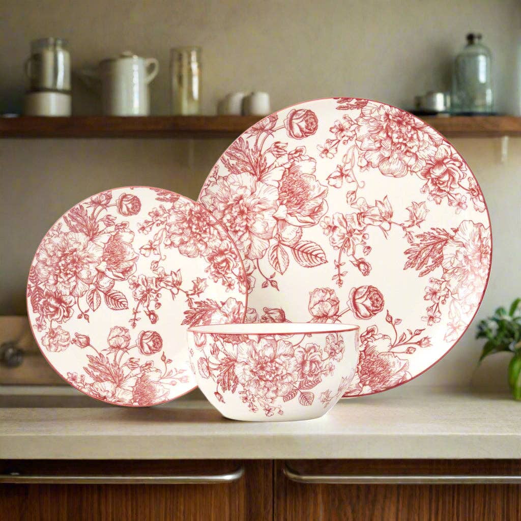 Godinger - Wholesale Dinnerware Set - Banbury Crimson Porcelain 12 Piece Dinnerware Set, Service For 42