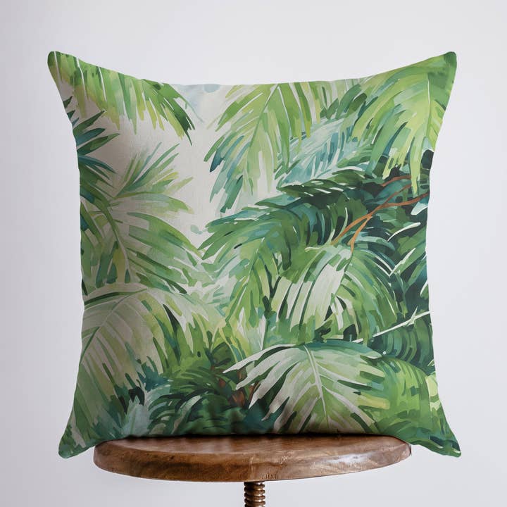 Tropiske palmeblade | Gouache maleri | Palmetræ | Pyntepude | Regnskov | Boligindretning | Gave til hende | Pudebetræk | Rejsegave for engroshandel hos UniikPillows