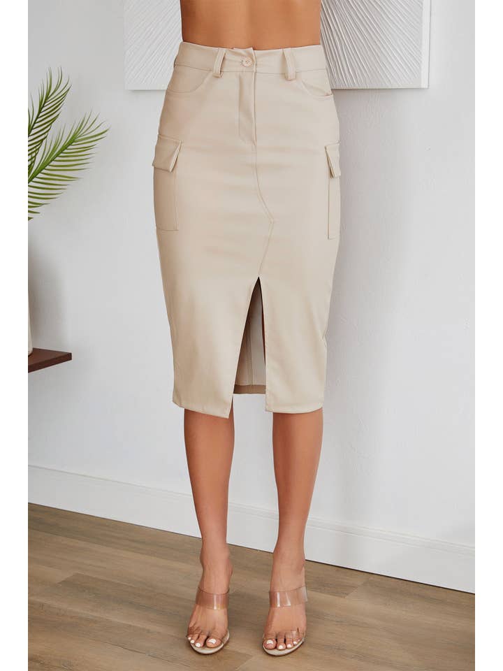 Beige CARGO POCKET PU MIDI SKIRT WITH FRONT SLIT (66110-PU) for wholesale on Faire