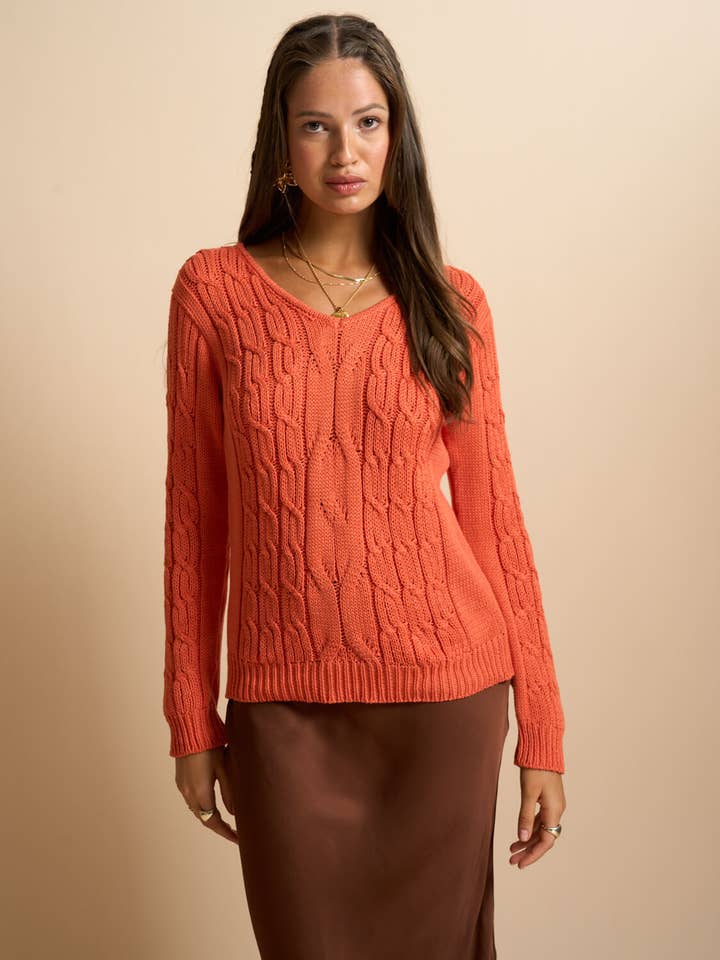 Eda Zopfmuster-Pullover in Rostorange für den Großhandel von Black Book The Label