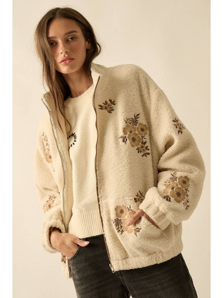 Promesa USA - Wholesale Jacket - Women's - Floral-Embroidered Sherpa Fleece Zip-Up Jacket13