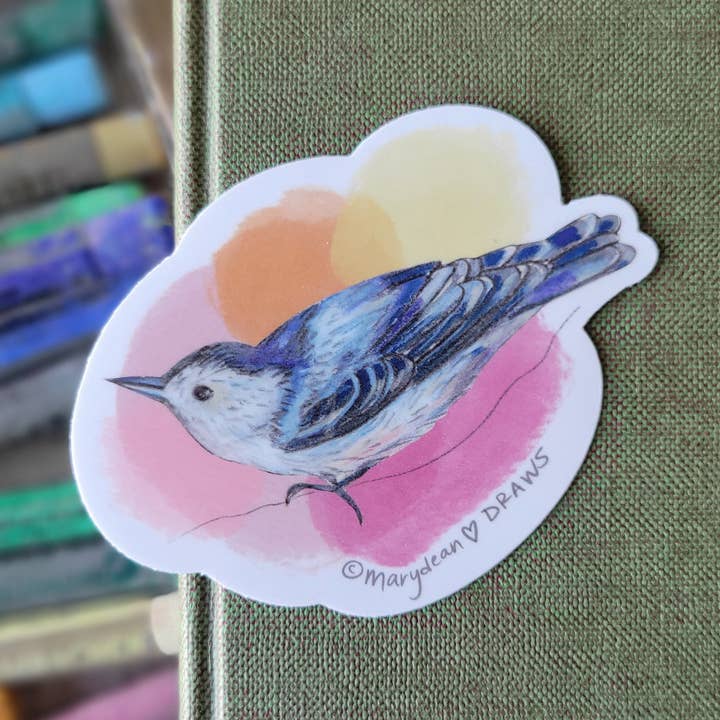 Mixed Media Nuthatch Bird Sticker for wholesale by Marydean Draws