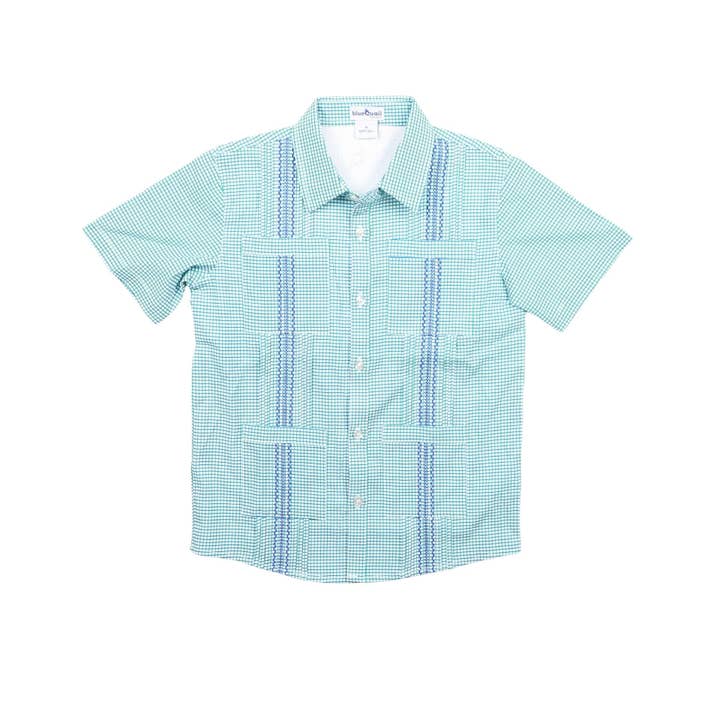 BlueQuail Clothing Co. - Wholesale Button Down Shirt - Kids - Guayabera - Navy/Jade Check Short Sleeve Shirt