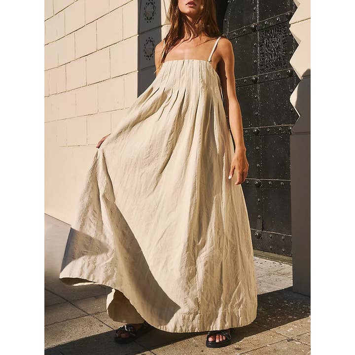 beige 2025 summer cotton front pleated large swing maxi dress for wholesale on Faire