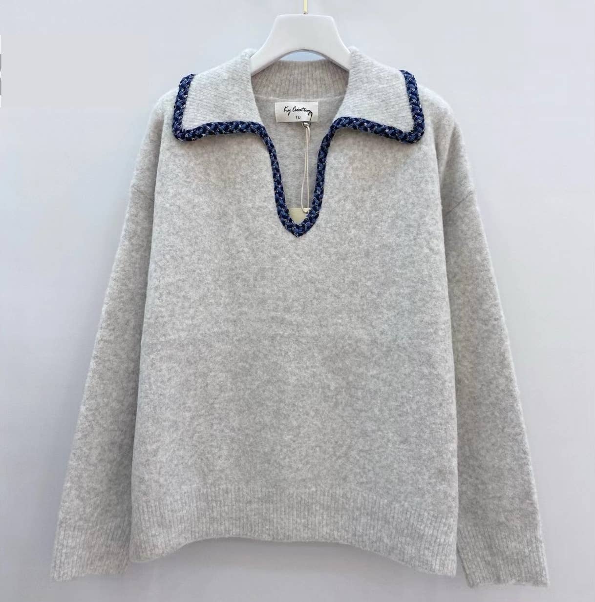 KY CREATION PARIS - Wholesale Knit Sweater - Women's - V-neck sweater with shirt collar and denim braiding1