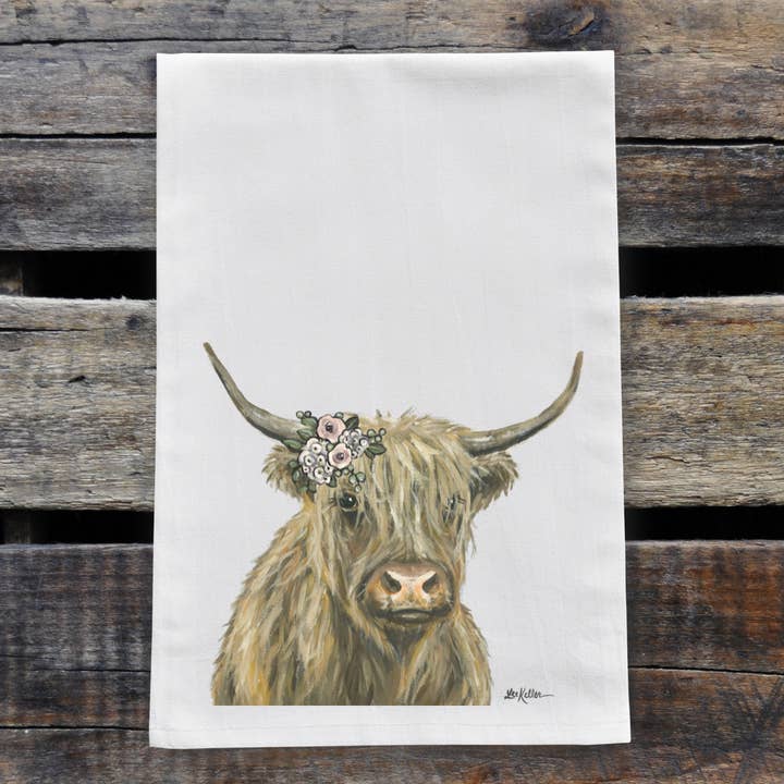 Highland Cow Tea Towel, 'Fern' Boho Flowers, Kitchen Decor for wholesale by Hippie Hound Studios