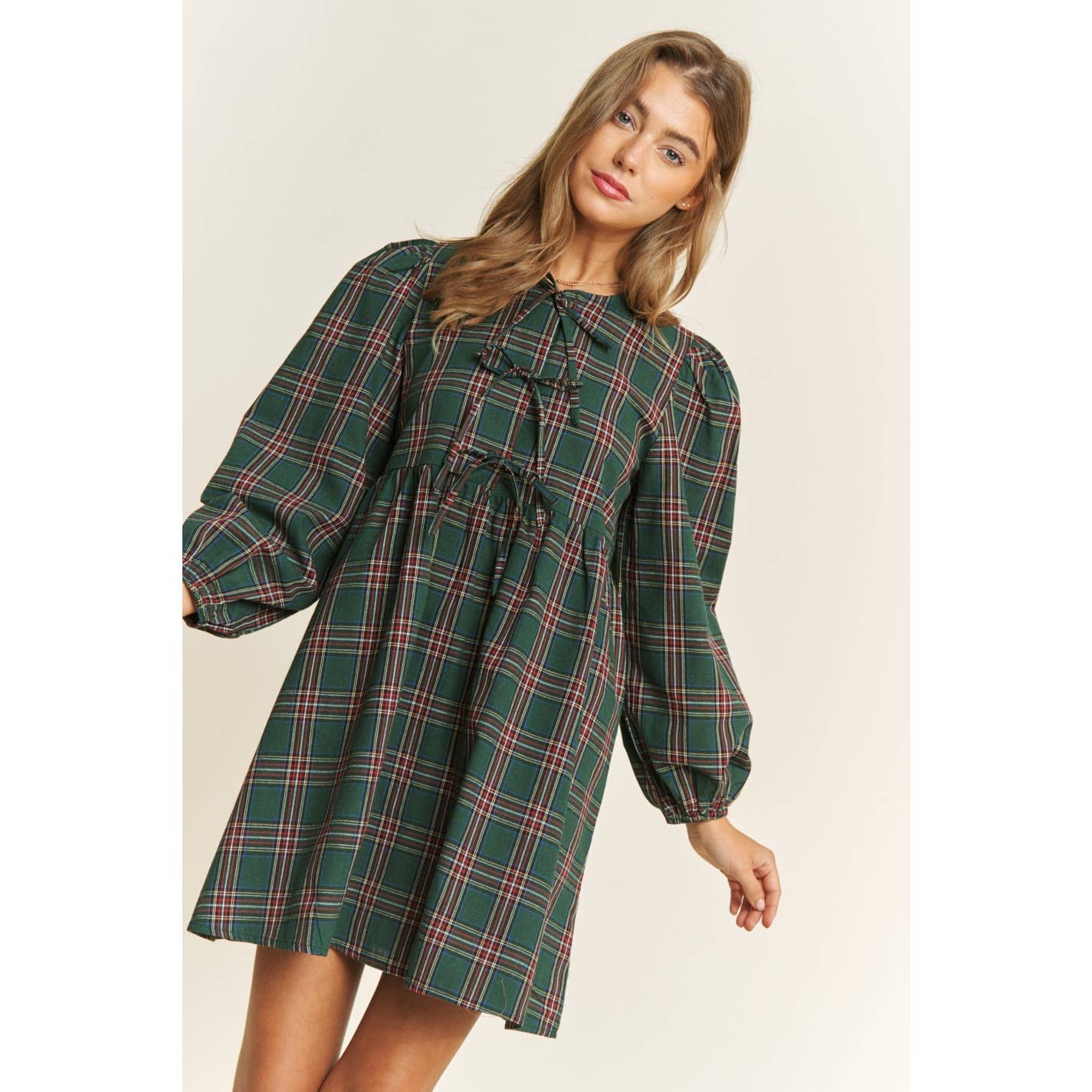 Sweet Generis - Wholesale Dress - Women's - SOFT PLAID WOVEN FABRIC BABYDOLL BOW MINI DRESS7