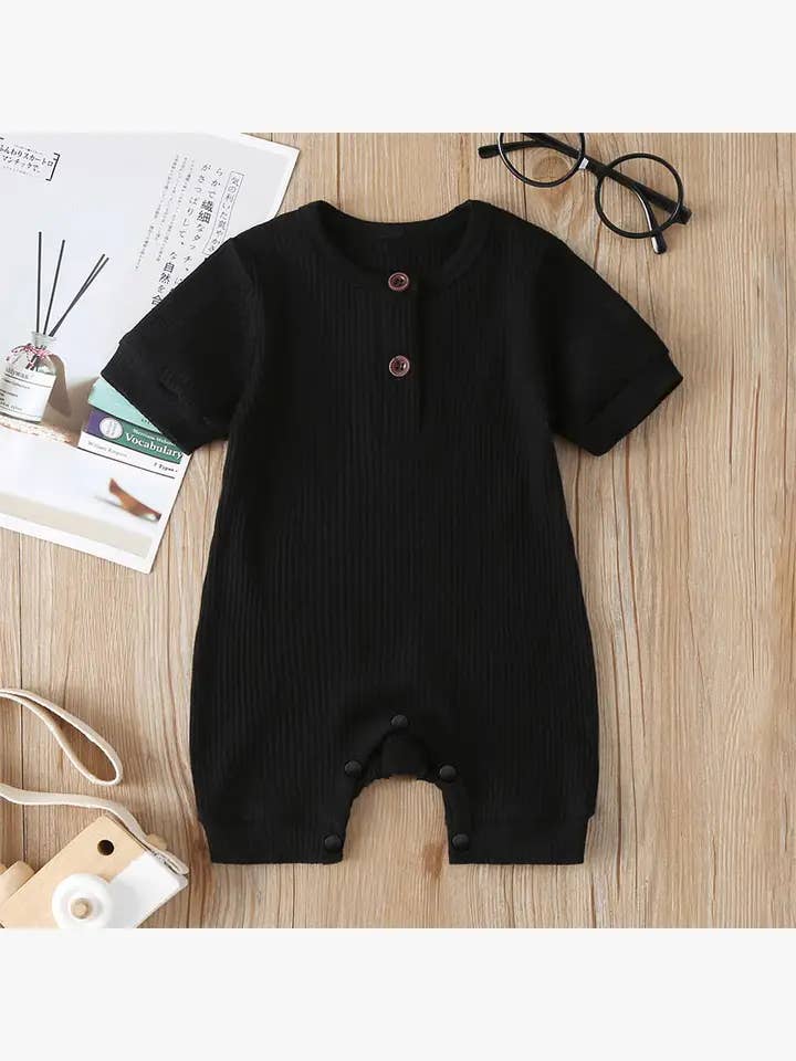 Black Baby Boy/Girl Cotton Ribbed Short-sleeve Button-Up Onesie for wholesale on Faire