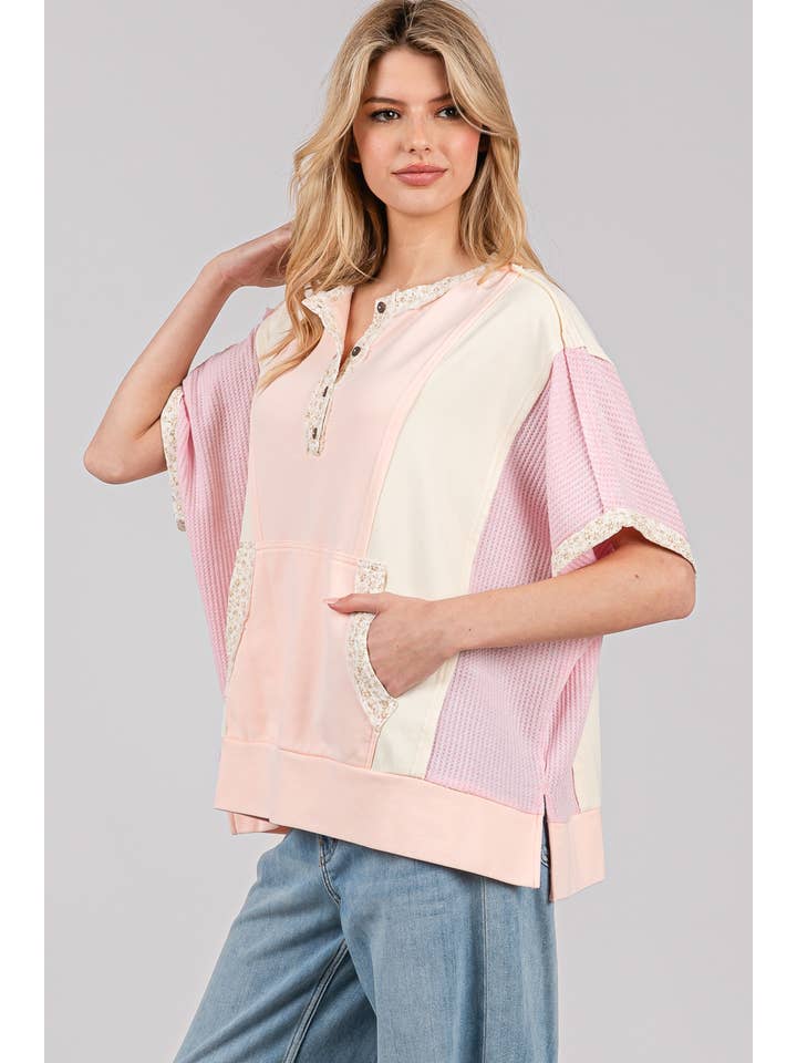 Sage + Fig - Wholesale T-Shirt - Women's - COLORBLOCK HALF BUTTON KNIT TOP (ST7641)