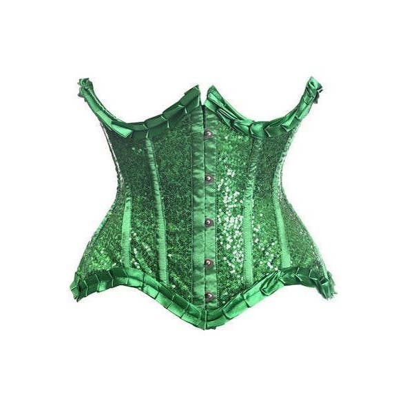 Corset serre-taille désossé en satin vert et paillettes pour tiroir supérieur pour la vente par Daisy Corsets