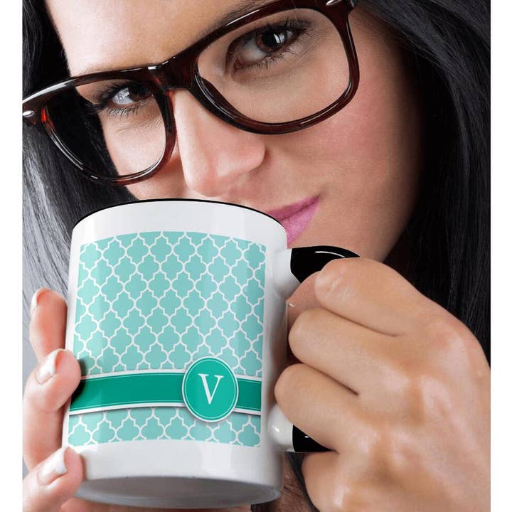 3dRose - Wholesale Coffee Mug - 3dRose, Personalized letter V aqua blue quatrefoil pattern Teal turquoise mint monogrammed personal initial, Mug1