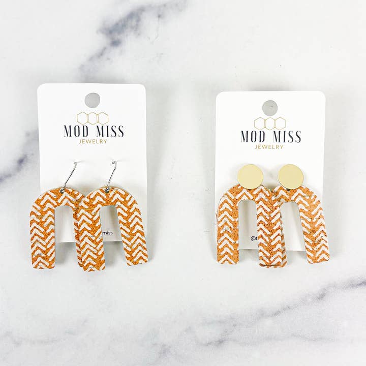 Mustard Chevron Cork + Leather Arch Earrings for wholesale by The Mod Miss