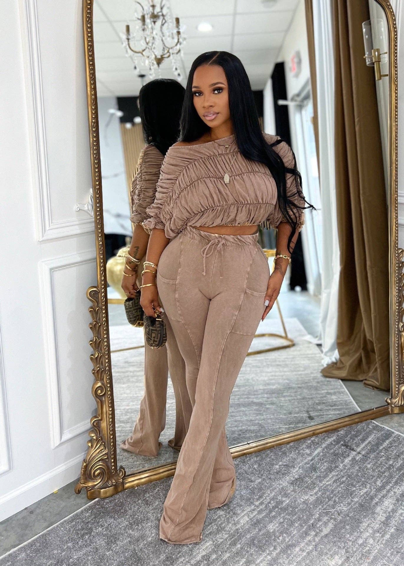 MB Fashion Wholesale - Wholesale Top & Pant Set (NOT Loungewear) - Women's - MB FASHION Ruched Off-Shoulder Top & High-Waist Flared Pants Set 95321