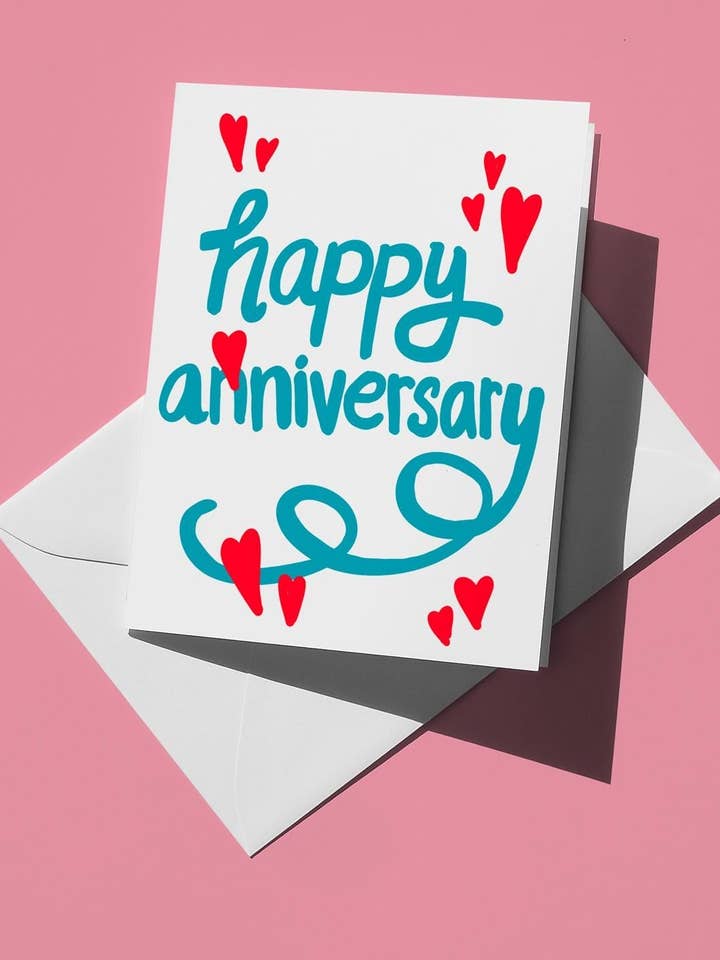 Happy Anniversary Card - Cute Blue Font & Red Hearts Greeting Card for Couples, Perfect Romantic Love Note for Him and Her for wholesale by semiserious studio