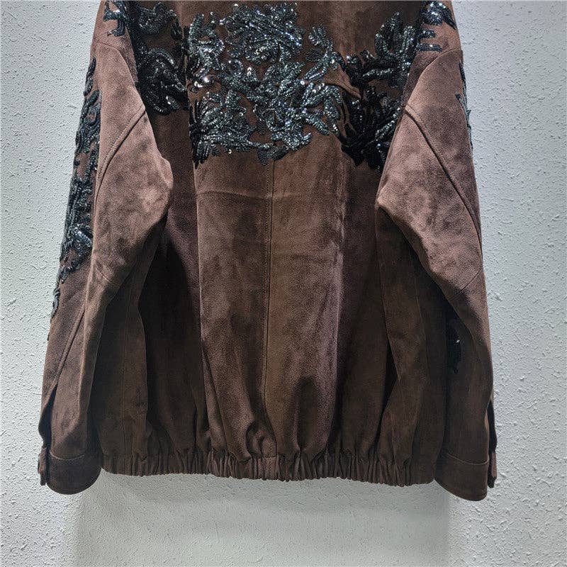M161 Brown Sequin Embroidered Suede Moto Jacket for wholesale on Faire5