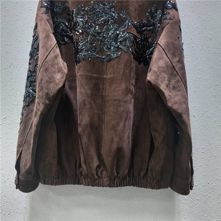 M161 Brown Sequin Embroidered Suede Moto Jacket for wholesale on Faire5