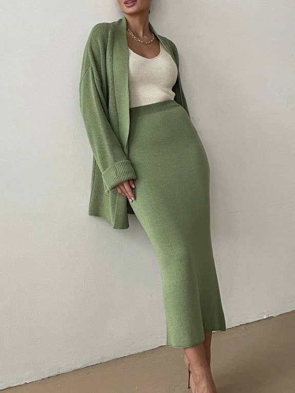 Rosa Clothing - Wholesale Top & Skirt Set - Women's - Cozy Cardigan/R-Neck Sweater High-Waisted Skirt Knit Set8