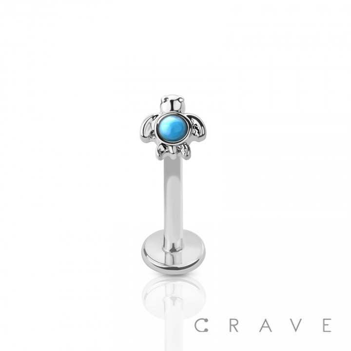 CRAVE - Wholesale Stud/Post Earrings - INTERNALLY THREADED TURQUOISE SEA TURTLE TOP 316L SS LABRET3