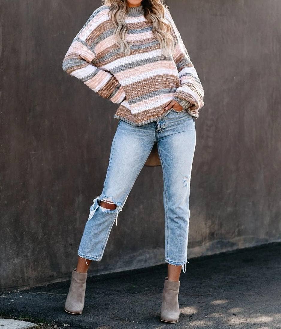 Pink Paneled Striped Crewneck Knit for wholesale on Faire2