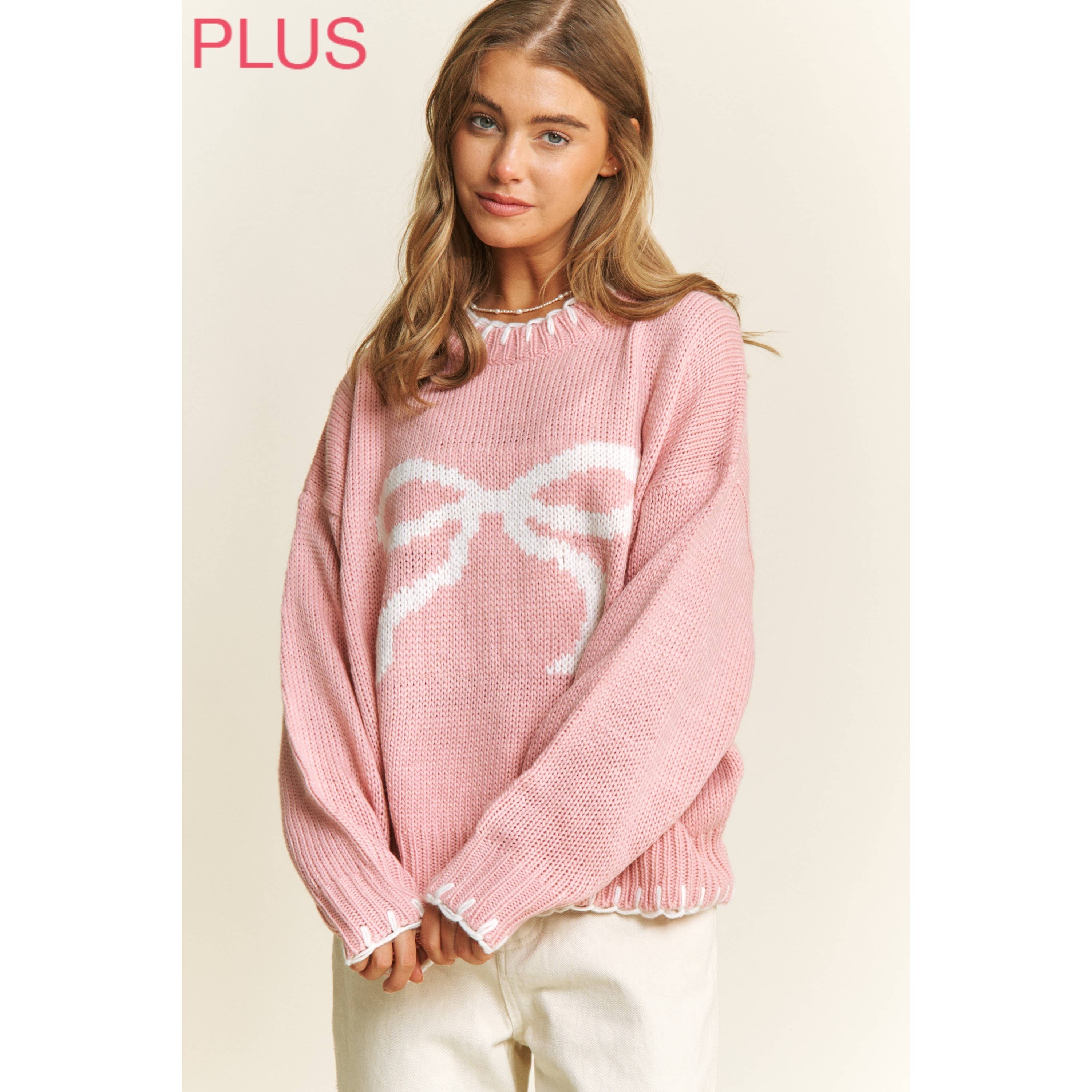 Sweet Generis – wholesale Knitted jumper – Women′s – PLUS HOLIDAY BIG BOW SWEATER PULLOVER WITH CONTRAST EDGE STI10