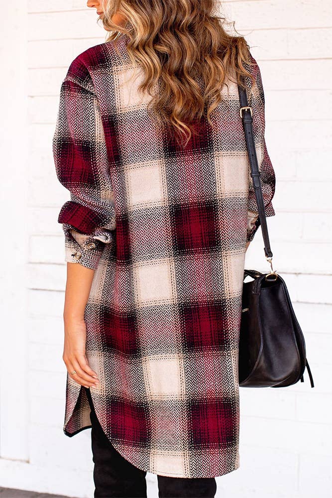 UNISHE - Wholesale Shirt Jacket/Shacket - Women's - Pockets Open Button Long Length Plaid Shackets ZZKF1487