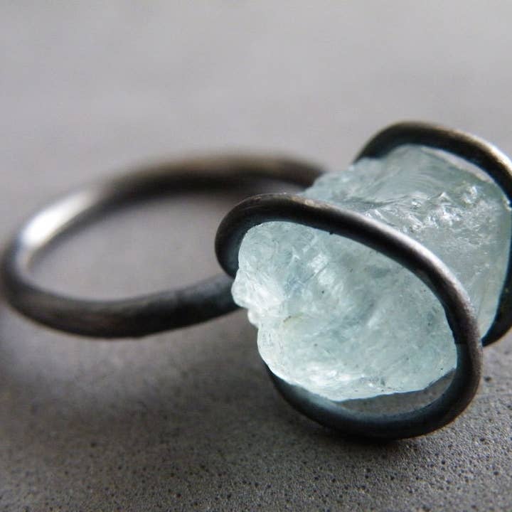 Aquamarine Ring, Raw Aquamarine Crystal, Oxidized Sterling for wholesale by SteamyLab