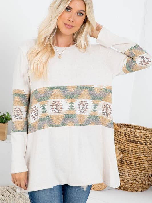 Aztec Print Color Block Brushed Sweater Top for wholesale by Rose Mellow Fashion