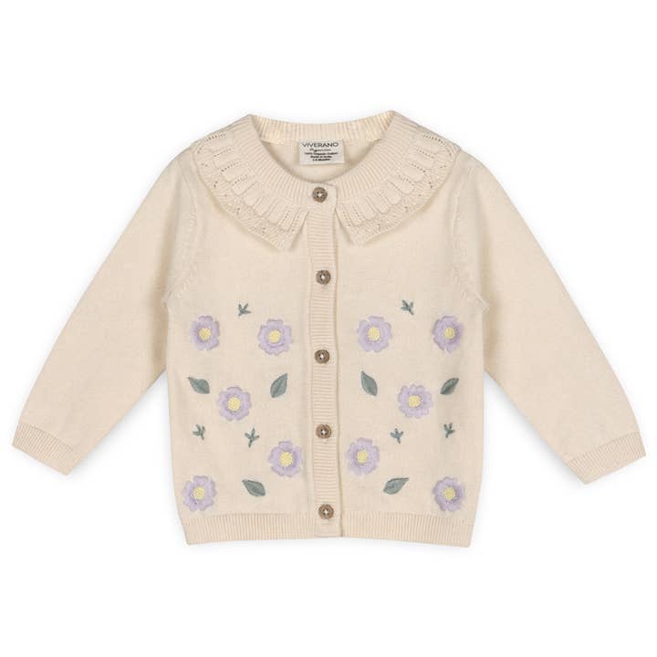 Cardigan pour bébé en tricot Sweet Floral & Pointel (coton biologique) pour la vente par Viverano Organics