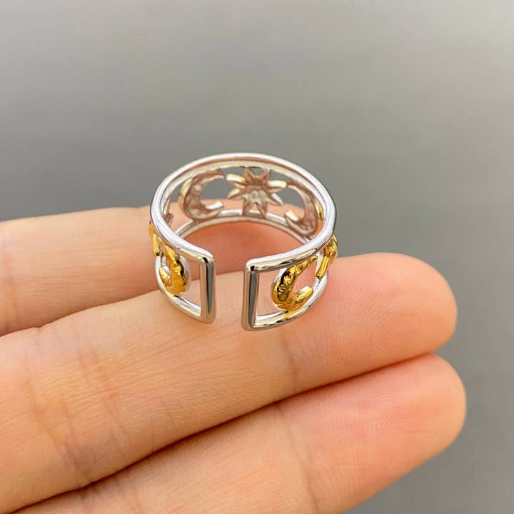 Mio Queena - Wholesale Cocktail/Statement Ring - Sun Moon Star Two Tone 18K Golden SS Ring - FGS/MS4