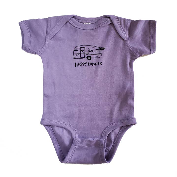 Happy camper onesie, eco-friendly waterbased inks for wholesale by Ladybug Press