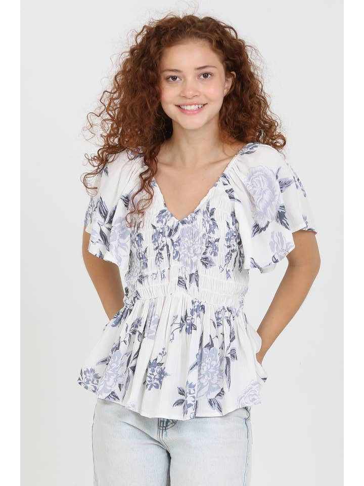 ANGIE - Wholesale Blouse - Women's - C2192-HL60 V NECK SMOCKED BUST HALF SLEEVE FLORAL TOP