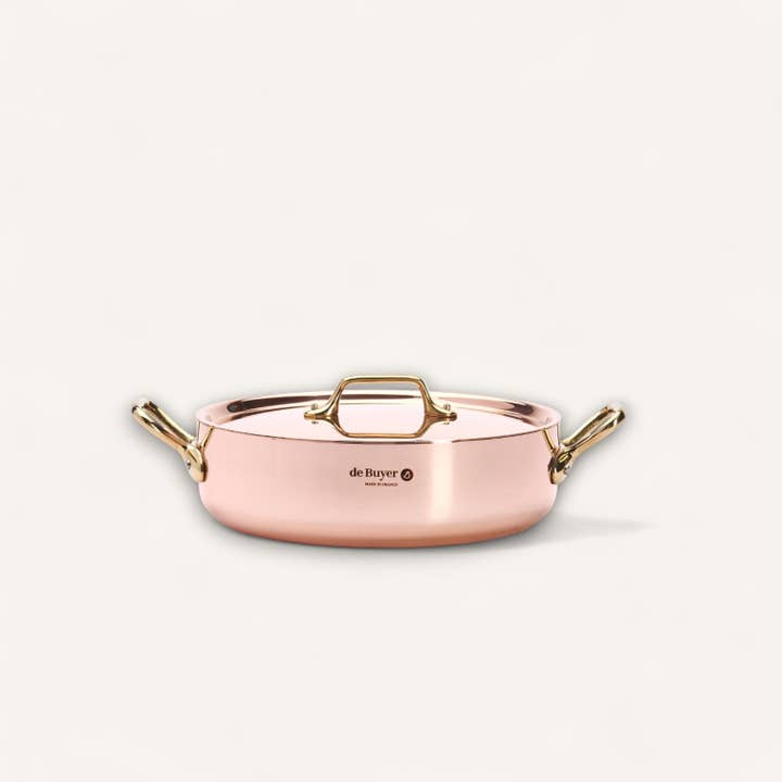 INOCUIVRE SERVICE Copper Round Sauté Pan with Lid and Brass Handles for wholesale by La Brigade de Buyer
