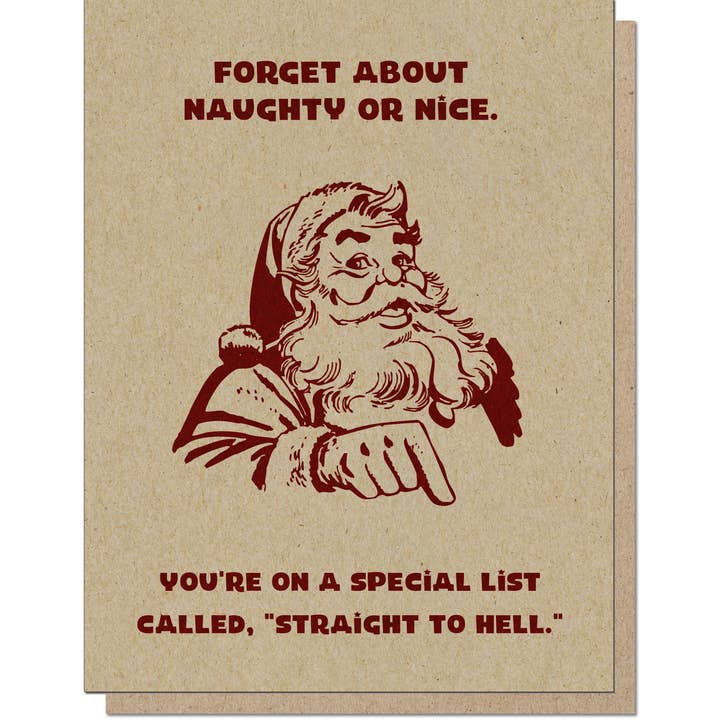 Straight to Hell Santa Card for wholesale by Guttersnipe Press Greetings