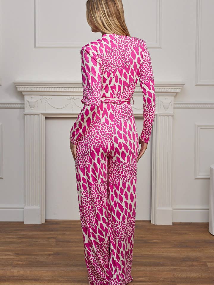 ANGELEYE - Wholesale Jumpsuit - Women's - Plunge Neck Wide Leg Long Sleeve Jumpsuit in Pink Leopard1