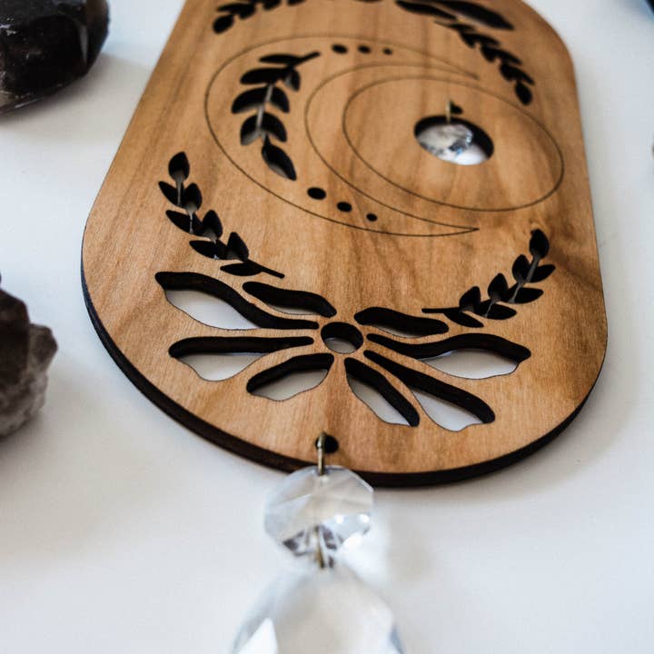 HEX Botanical - Wholesale Suncatcher - Lunar Moon Wooden Wall Hanging Suncatcher w/ Crystal Prisms