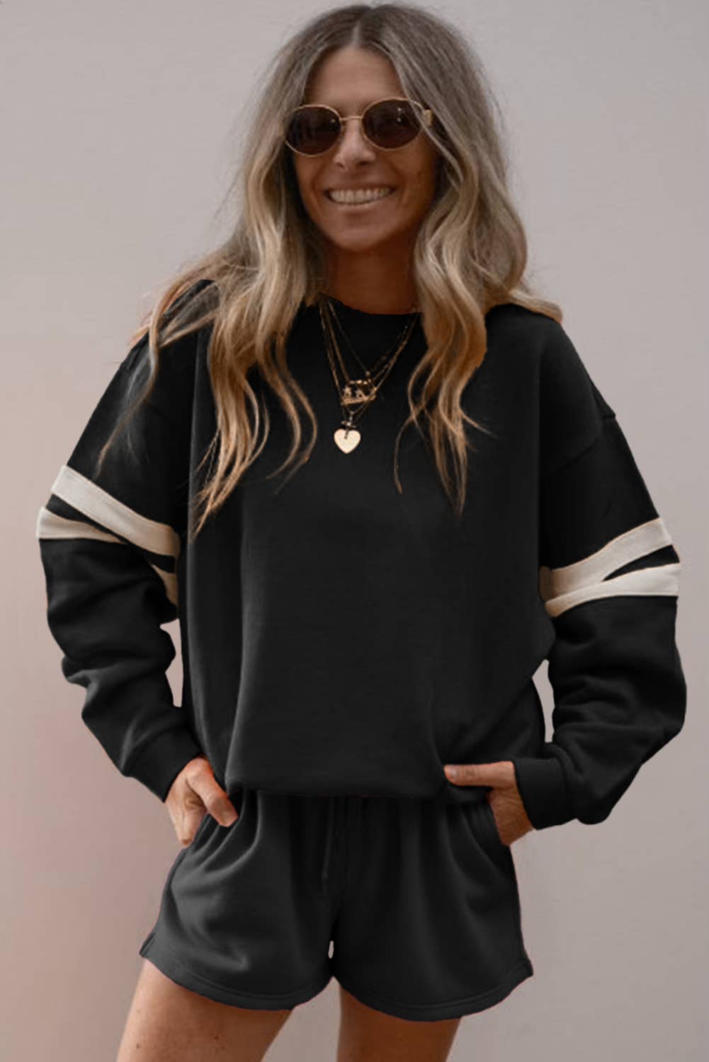 Babs + Birdie – wholesale Lounge set – Women's – Varsity Striped Sleeve Drop Shoulder Sweatshirt Short Set5