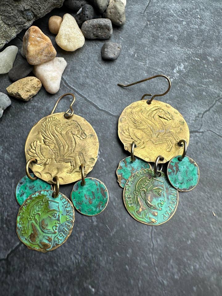 Coin Earrings- Handmade Solid Beaten Brass Green Hand Patina for wholesale by The Sunstone on Main