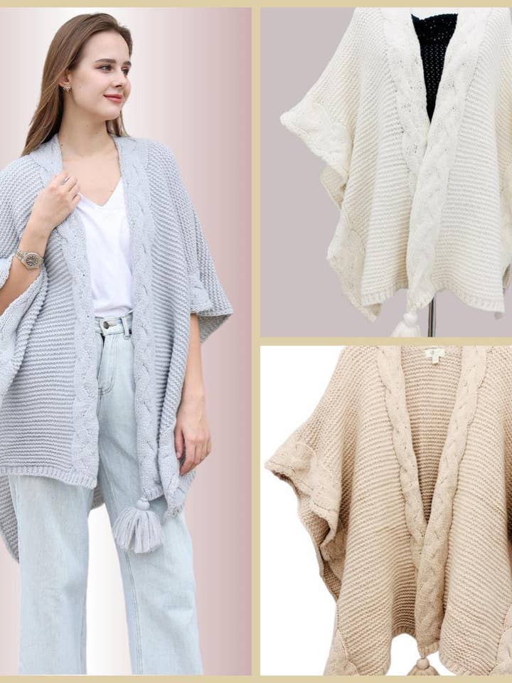 JC063328 3 Colors-One Tassel Braided Cable Trim Ruana for wholesale by JC Sunny Fashion