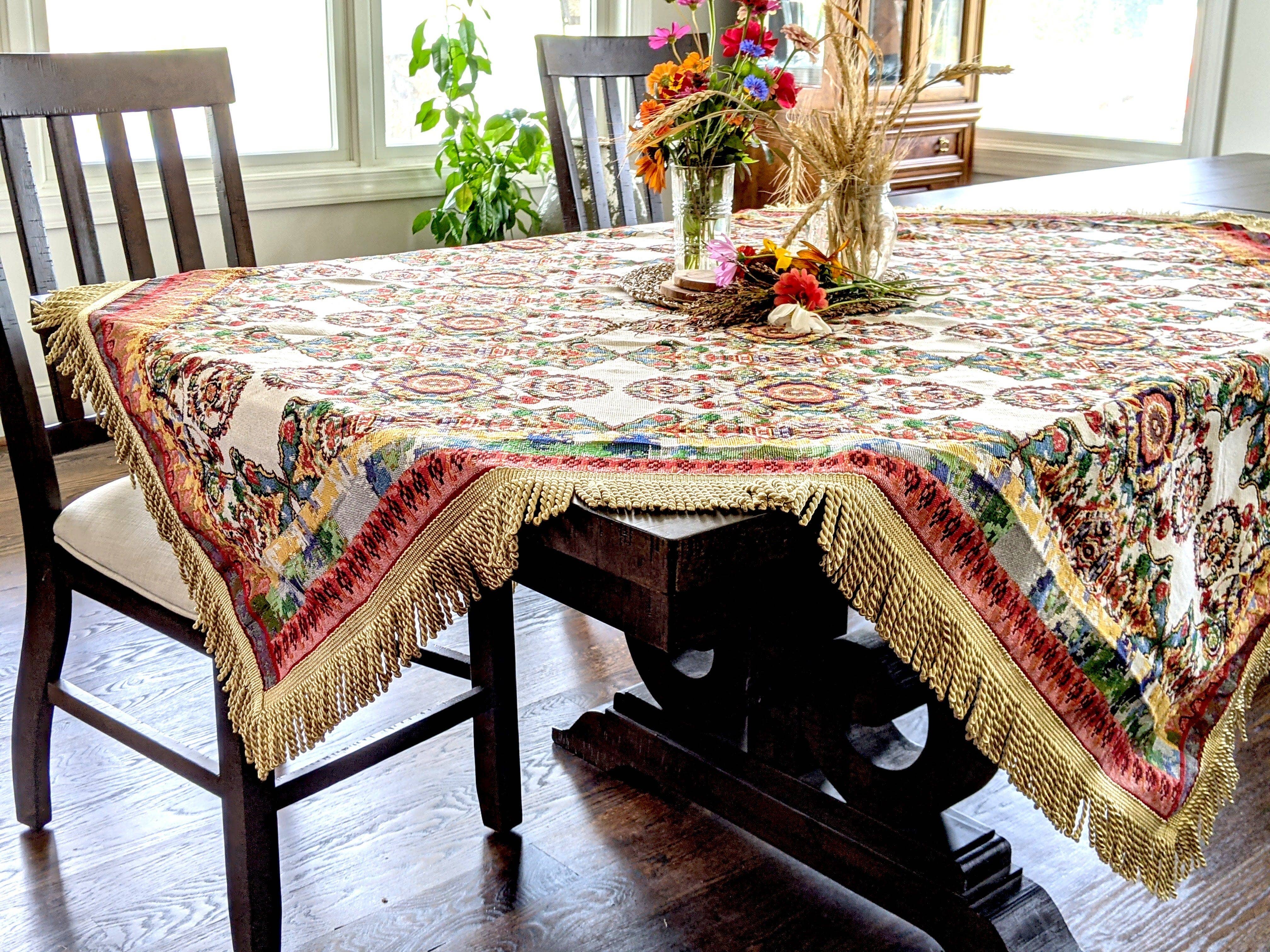Tache Home Fashion - Wholesale Tablecloth - Tache Elegant Ivory Colorful Ornate Paisley Woven Tapestry Tablecloth (18193)2