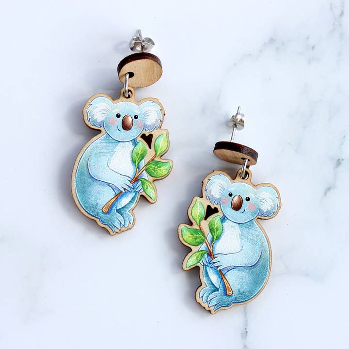 Australian Koala wooden statement earrings for wholesale by Stray Leaves