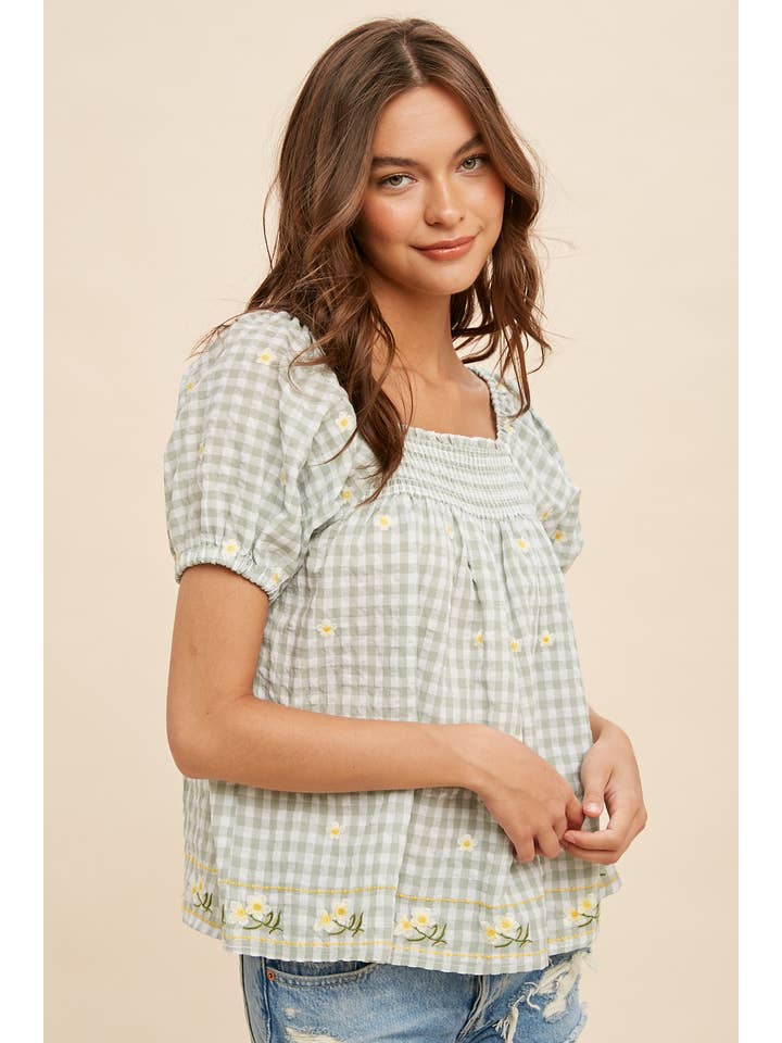 In Loom - Wholesale Blouse - Women's - FLORAL EMBROIDERY GINGHAM SMOCK BLOUSE9