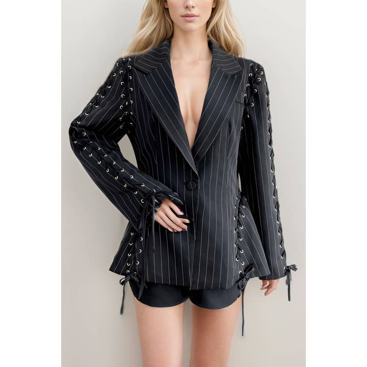 XHHH Inc - Vente Blazer – femme - Blazers à lacets imprimés à rayures6