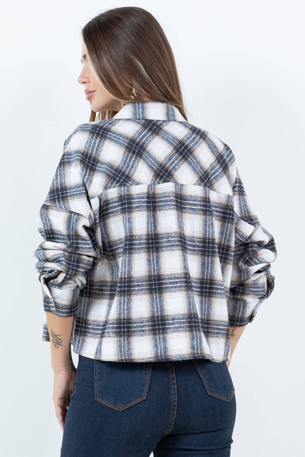 Veracci - Wholesale Button Down Shirt - Women's - Boxy Cropped Long Sleeve Plaid Over Shirt7