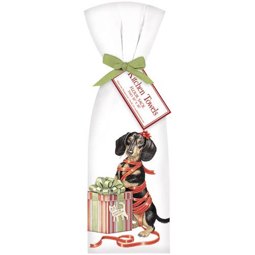 Holiday Present Doxie Towel Set for wholesale by Mary Lake-Thompson Ltd.