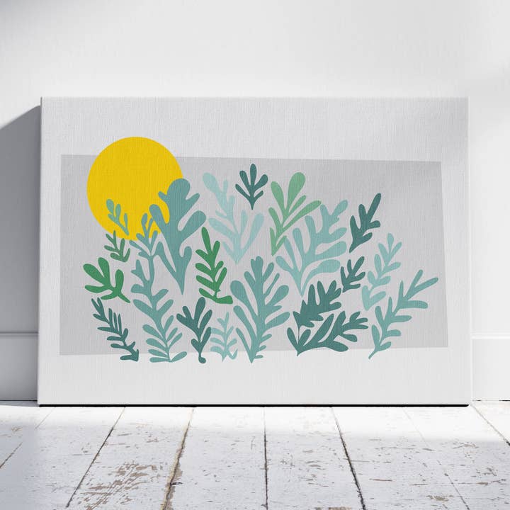 Abstract Minimalist Green Botanical Sunscape - Framed Canvas Wall Art Print for wholesale by House Prints