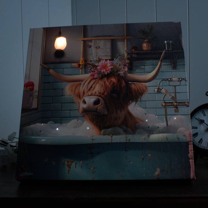 Glow Decor - Wholesale Art Print - Highland Cow Bath 10x10 Lighted Fiber Optic Canvas2