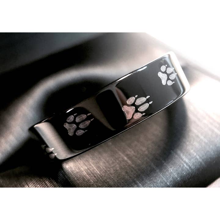 Wolf Footprint Engraved Black Tungsten Mens Ring for wholesale by rings paradise