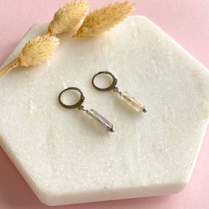 Silver fluorite tube earrings for wholesale by Mystic Jewelry