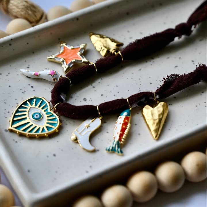Bandana Charm Necklace | 7 Charms | Gold Filled for wholesale by Larra Mirk Design